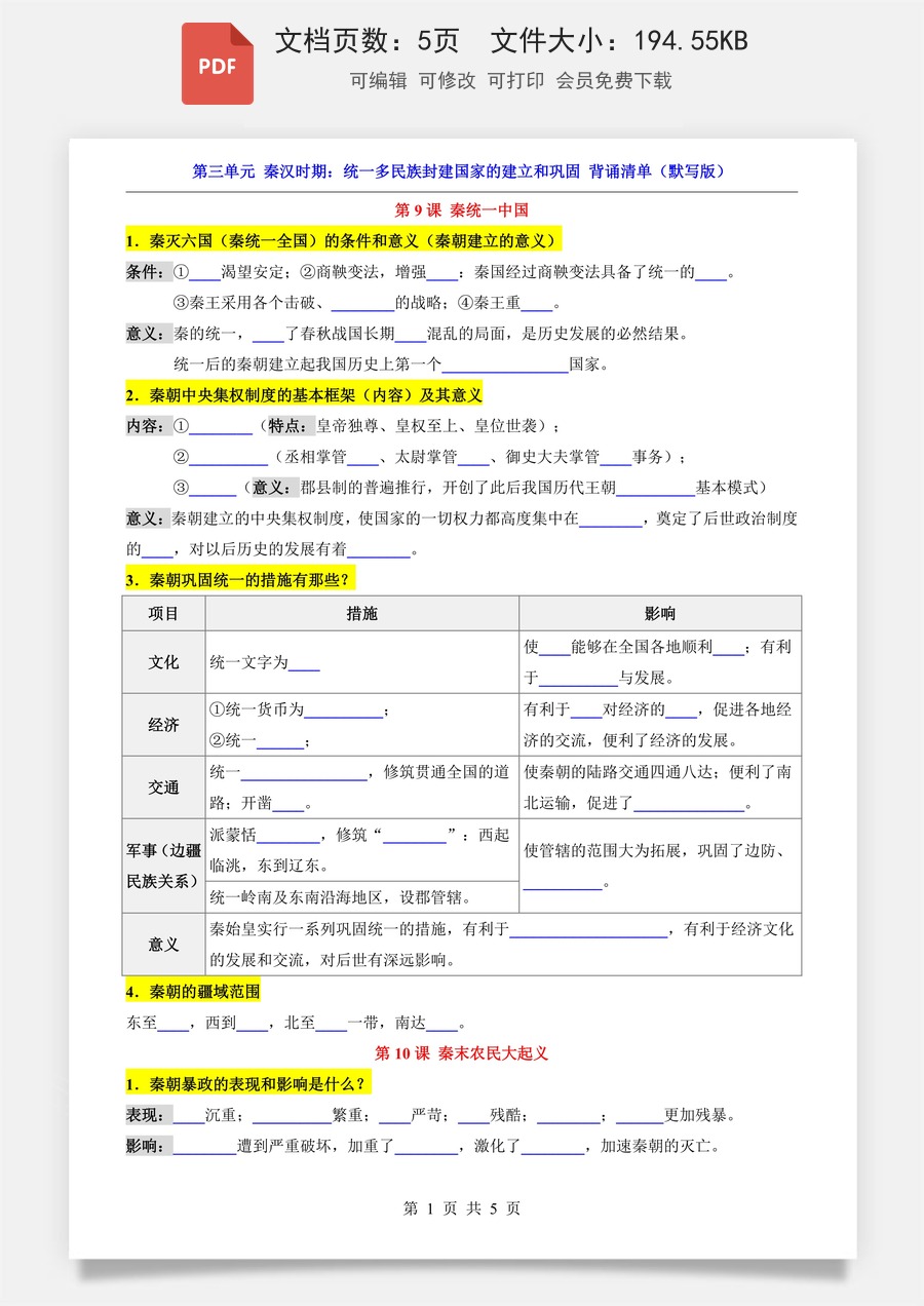 小学-六上小四门-历史-54制六上历史知识梳理-新版-第3单元 秦汉时期（背诵清单-默写版）(1).pdf